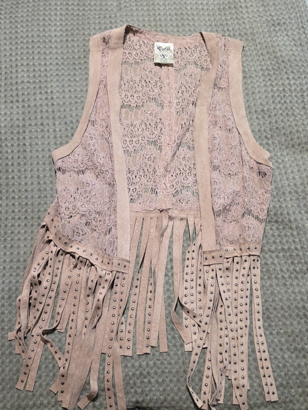 Tan Lace Fringe Tank - Studded Boho Vest